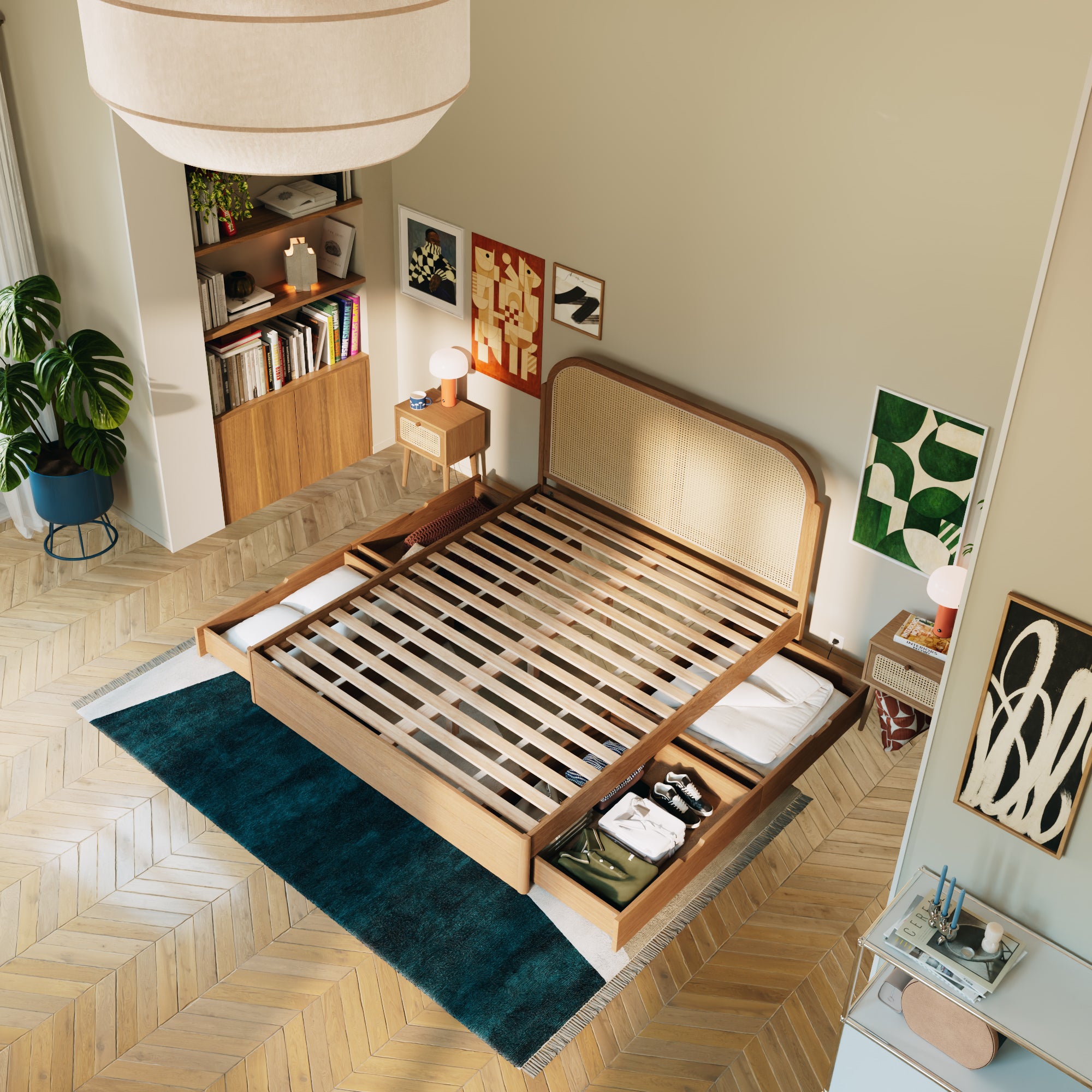 Tête de lit cannage|Avec tiroirs